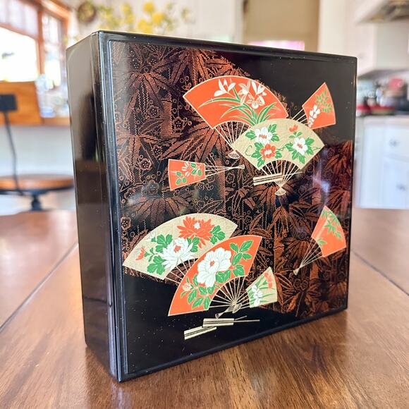 Vintage Otagiri Original Lacquerware Box Faux Lacquer Black with Fans Flowers - Picture 4 of 13
